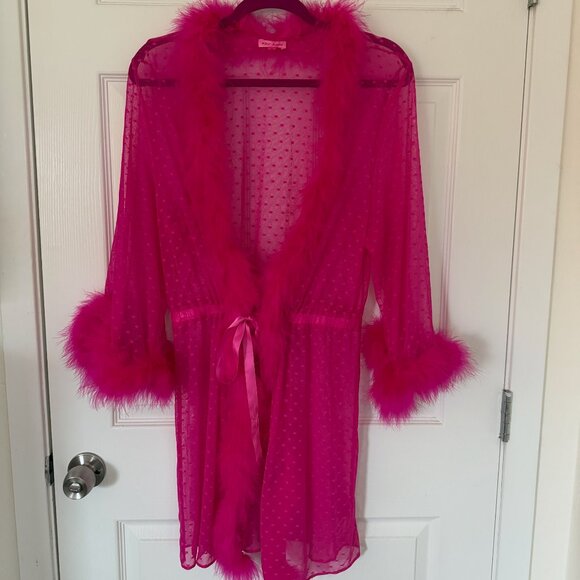 Betsey Johnson Other - Betsey Johnson Pink Sheer Robe with Feather Boa Trim